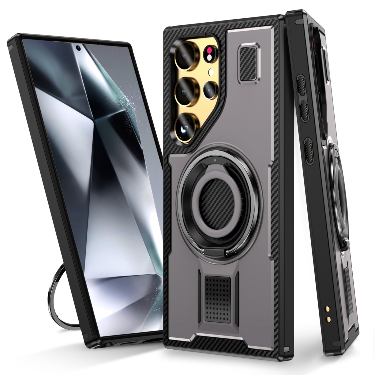 

For Samsung Galaxy S22 Ultra 5G Ring Holder Carbon Fiber PC Hybrid TPU Phone Case(Grey)