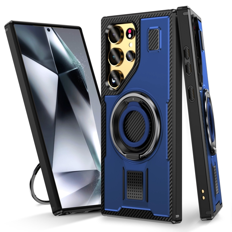 

For Samsung Galaxy S22 Ultra 5G Ring Holder Carbon Fiber PC Hybrid TPU Phone Case(Blue)