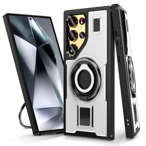 

For Samsung Galaxy S25 Ultra 5G Ring Holder Carbon Fiber PC Hybrid TPU Phone Case(White)