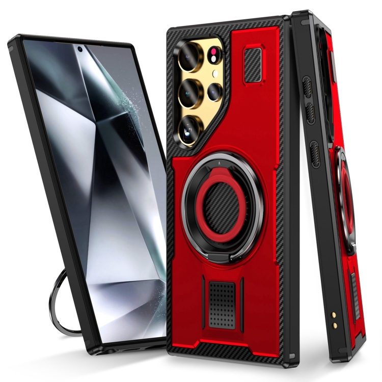 

For Samsung Galaxy S25 Ultra 5G Ring Holder Carbon Fiber PC Hybrid TPU Phone Case(Red)