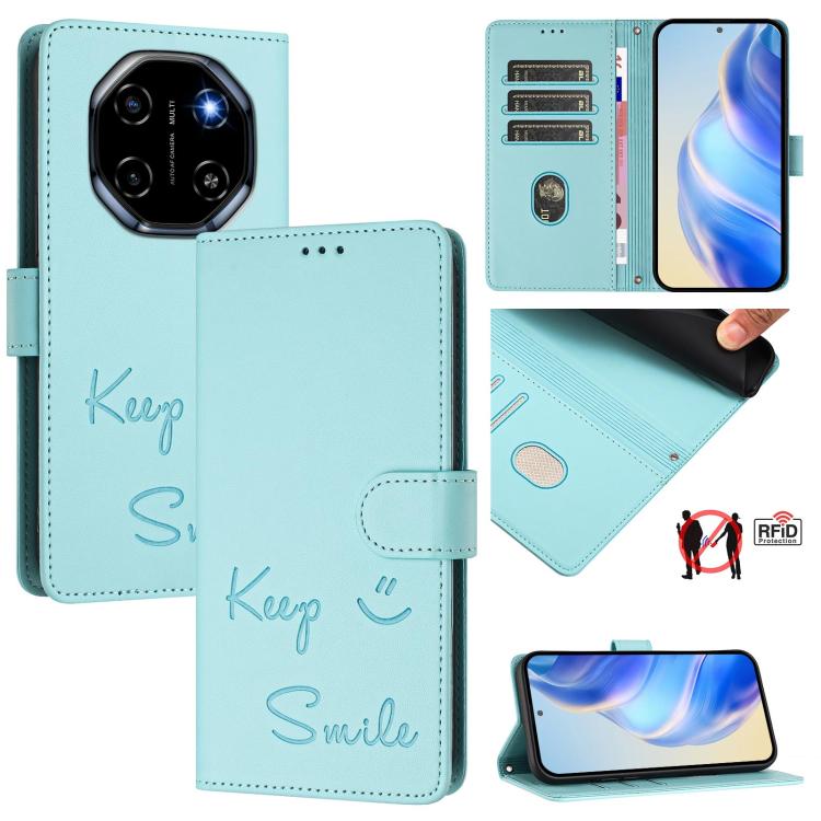 

For Blackview Shark 6 Smile Embossing RFID Leather Phone Case(Mint Green)