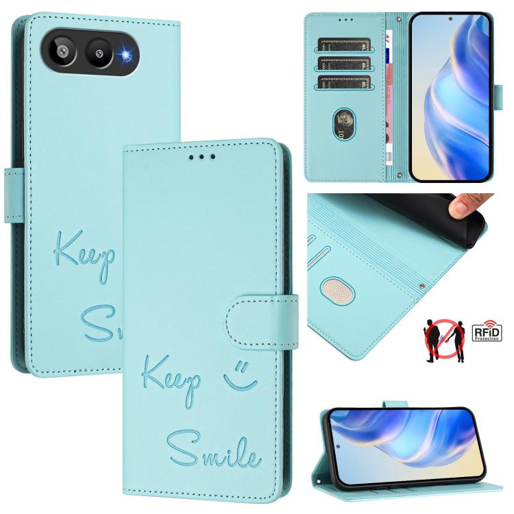 

For BLU G95 Smile Embossing RFID Leather Phone Case(Mint Green)
