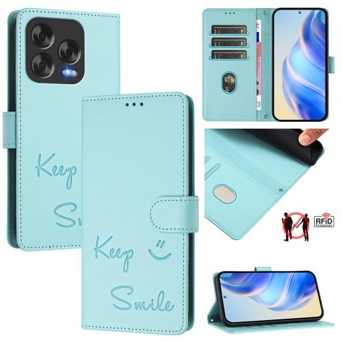 

For ZTE Blade V70 Design Smile Embossing RFID Leather Phone Case(Mint Green)