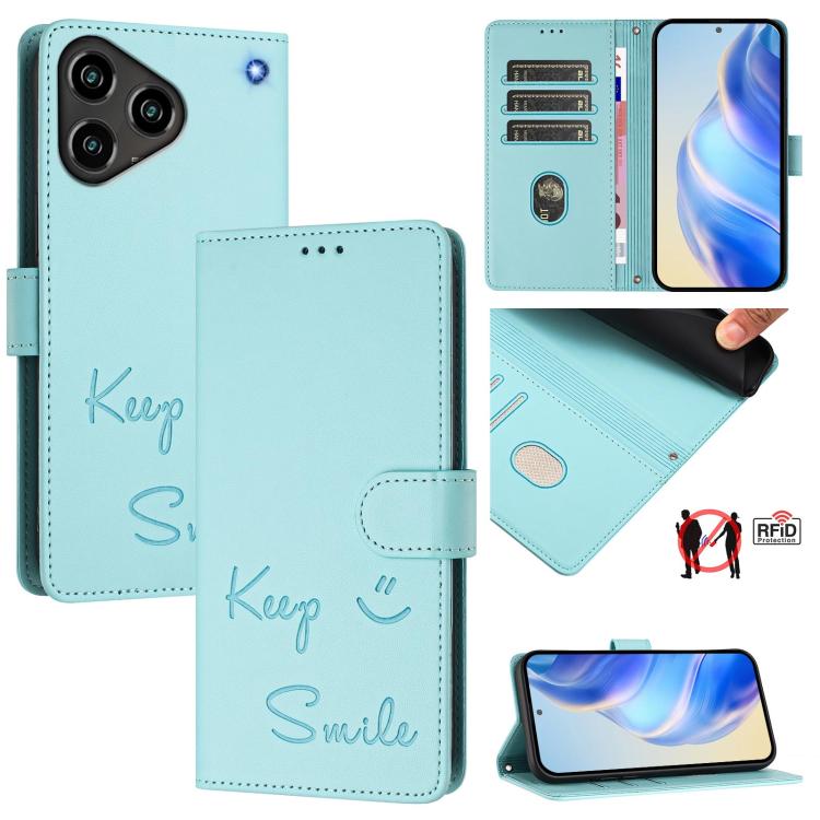 

For ZTE Blade A76 4G Smile Embossing RFID Leather Phone Case(Mint Green)
