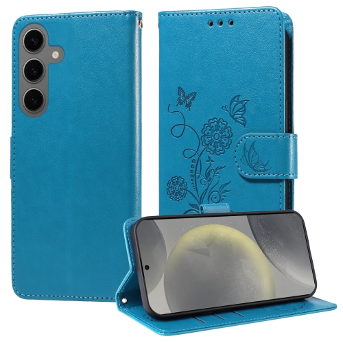 

For Samsung Galaxy S24 5G Embossed Butterfly Flowers Leather Phone Case(Blue)