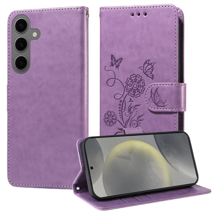 

For Samsung Galaxy S24+ 5G Embossed Butterfly Flowers Leather Phone Case(Purple)