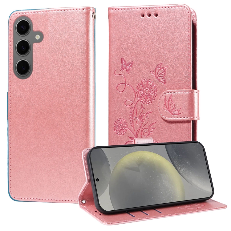 

For Samsung Galaxy S24 FE 5G Embossed Butterfly Flowers Leather Phone Case(Rose Gold)