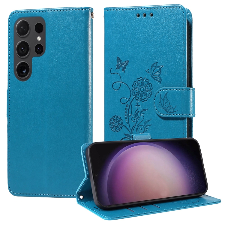 

For Samsung Galaxy S23 Ultra 5G Embossed Butterfly Flowers Leather Phone Case(Blue)
