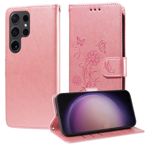 

For Samsung Galaxy S23 Ultra 5G Embossed Butterfly Flowers Leather Phone Case(Rose Gold)