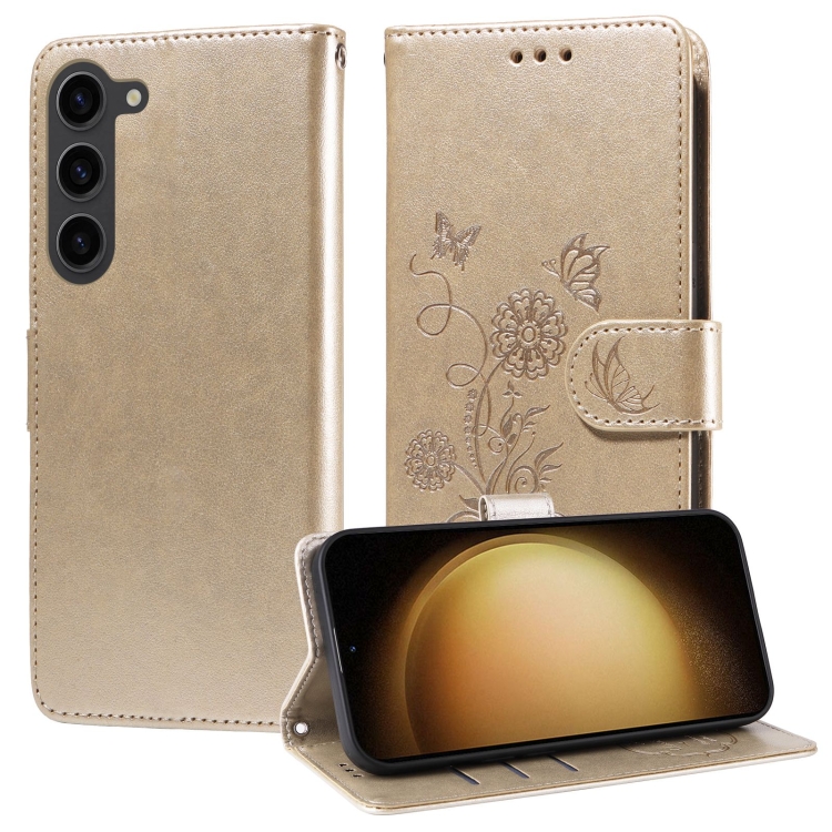 

For Samsung Galaxy S23+ 5G Embossed Butterfly Flowers Leather Phone Case(Gold)