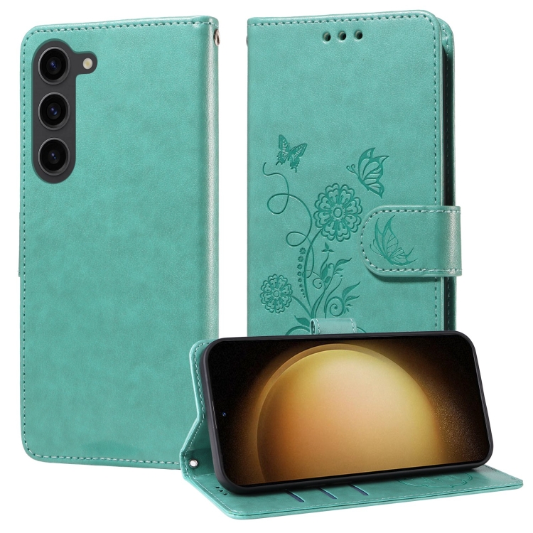 

For Samsung Galaxy S23 5G Embossed Butterfly Flowers Leather Phone Case(Green)