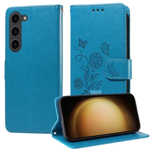 

For Samsung Galaxy S23 5G Embossed Butterfly Flowers Leather Phone Case(Blue)