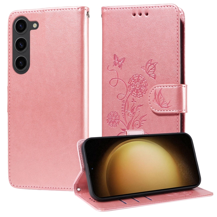 

For Samsung Galaxy S23 5G Embossed Butterfly Flowers Leather Phone Case(Rose Gold)