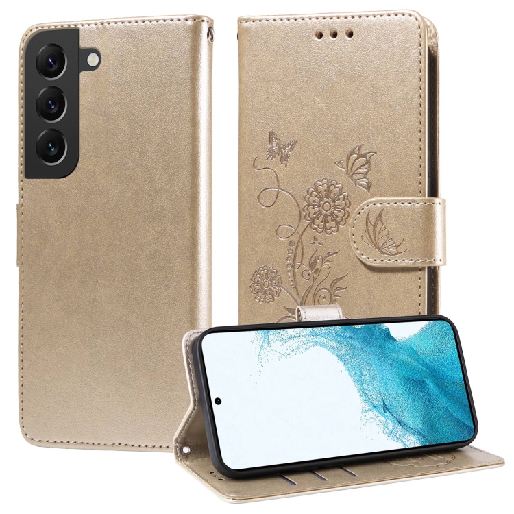 

For Samsung Galaxy S22 5G Embossed Butterfly Flowers Leather Phone Case(Gold)