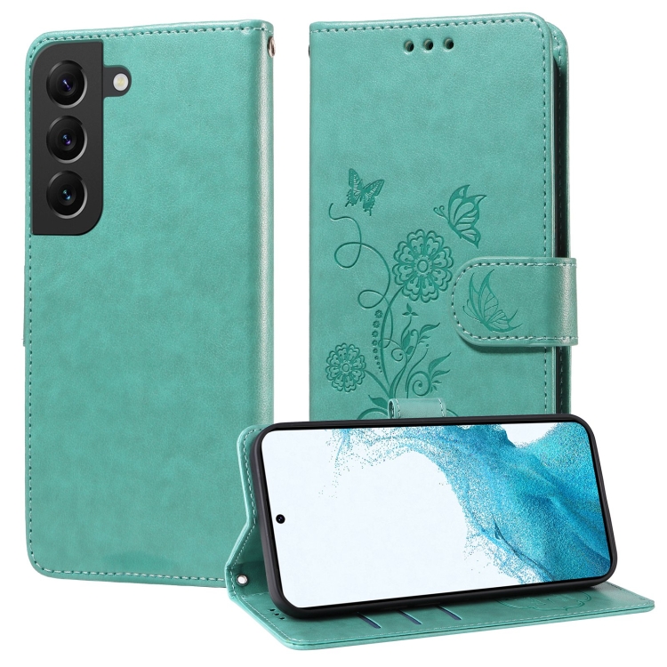 

For Samsung Galaxy S22 5G Embossed Butterfly Flowers Leather Phone Case(Green)
