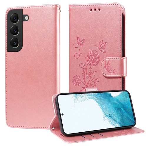 

For Samsung Galaxy S22 5G Embossed Butterfly Flowers Leather Phone Case(Rose Gold)