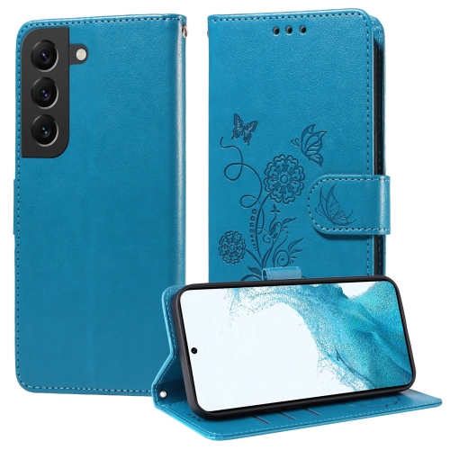 

For Samsung Galaxy S22+ 5G Embossed Butterfly Flowers Leather Phone Case(Blue)