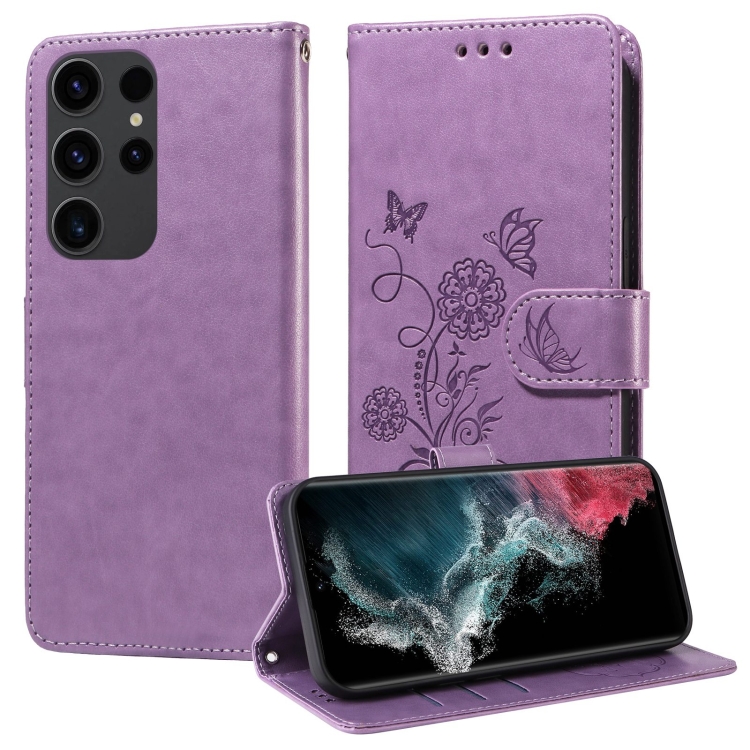 

For Samsung Galaxy S22 Ultra 5G Embossed Butterfly Flowers Leather Phone Case(Purple)