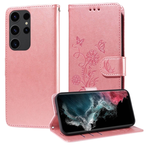 

For Samsung Galaxy S22 Ultra 5G Embossed Butterfly Flowers Leather Phone Case(Rose Gold)