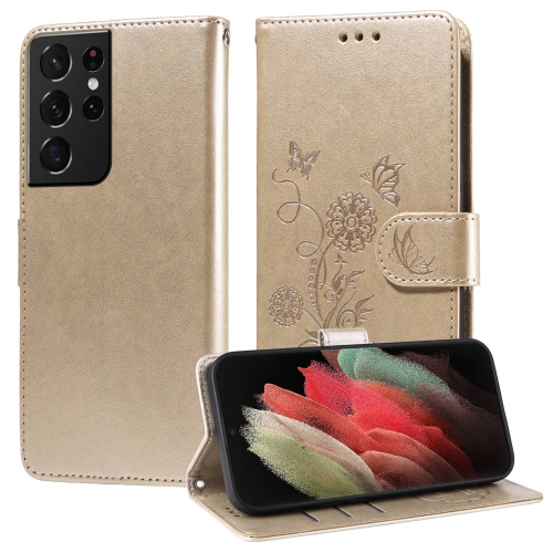 

For Samsung Galaxy S21 Ultra 5G Embossed Butterfly Flowers Leather Phone Case(Gold)