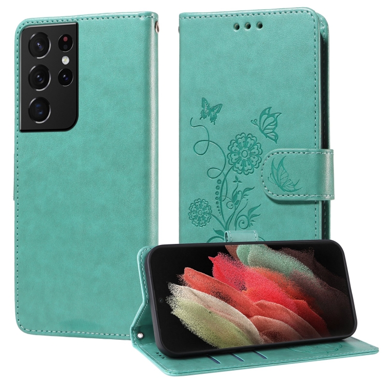 

For Samsung Galaxy S21 Ultra 5G Embossed Butterfly Flowers Leather Phone Case(Green)