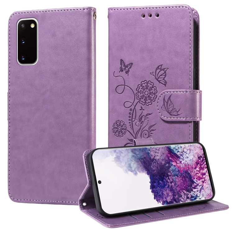 

For Samsung Galaxy S20 Embossed Butterfly Flowers Leather Phone Case(Purple)