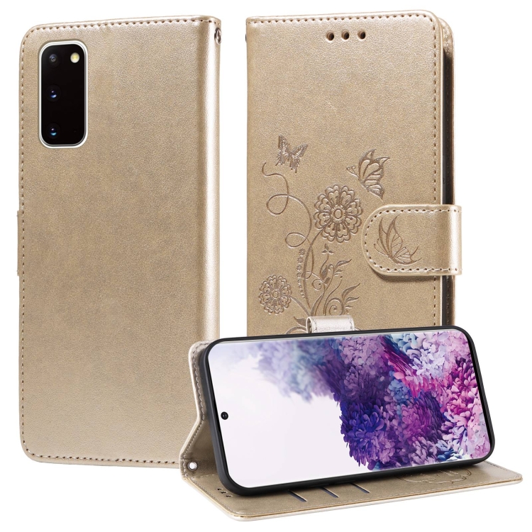 

For Samsung Galaxy S20 Embossed Butterfly Flowers Leather Phone Case(Gold)