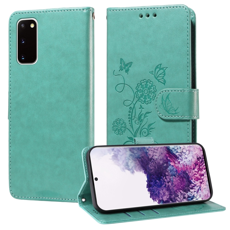 

For Samsung Galaxy S20 Embossed Butterfly Flowers Leather Phone Case(Green)