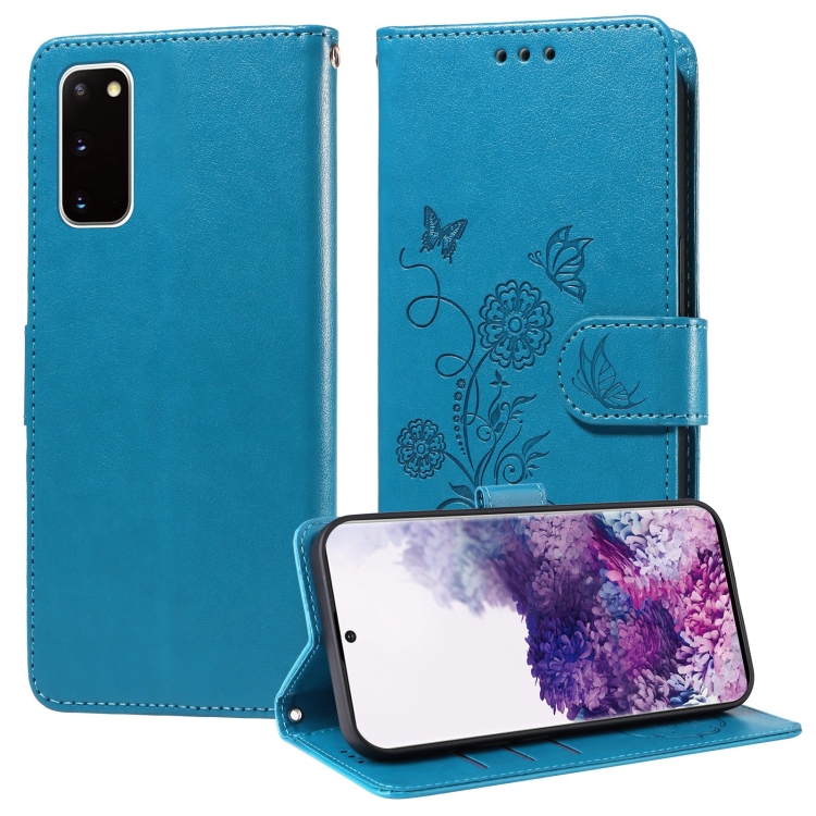 

For Samsung Galaxy S20 Embossed Butterfly Flowers Leather Phone Case(Blue)