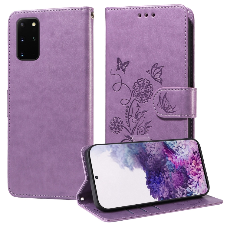 

For Samsung Galaxy S20+ Embossed Butterfly Flowers Leather Phone Case(Purple)