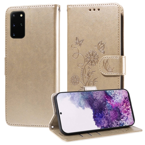 

For Samsung Galaxy S20+ Embossed Butterfly Flowers Leather Phone Case(Gold)