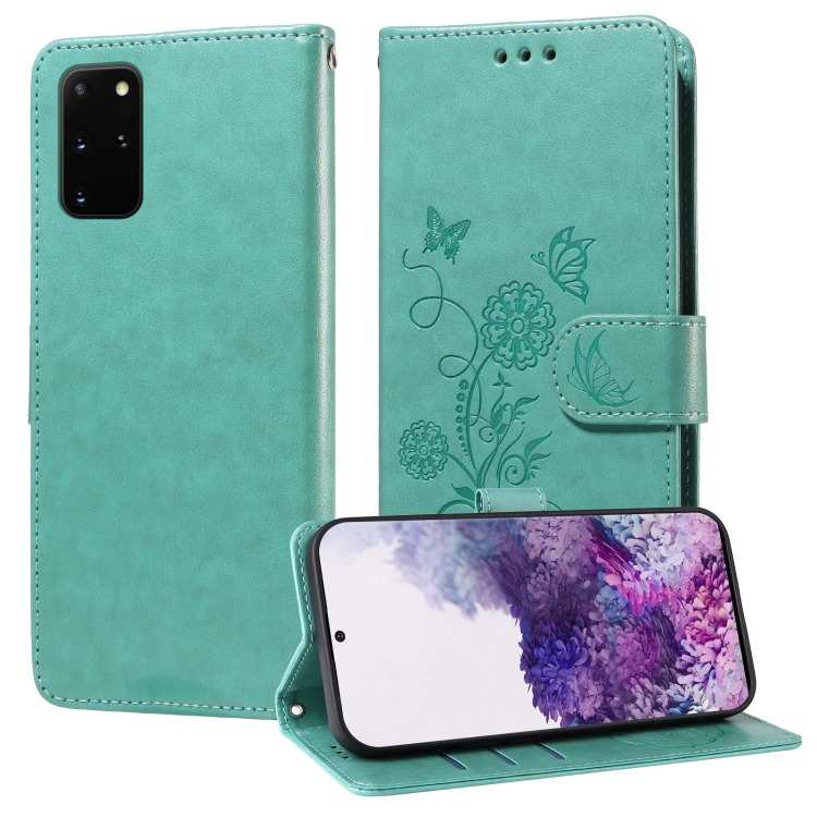 

For Samsung Galaxy S20+ Embossed Butterfly Flowers Leather Phone Case(Green)