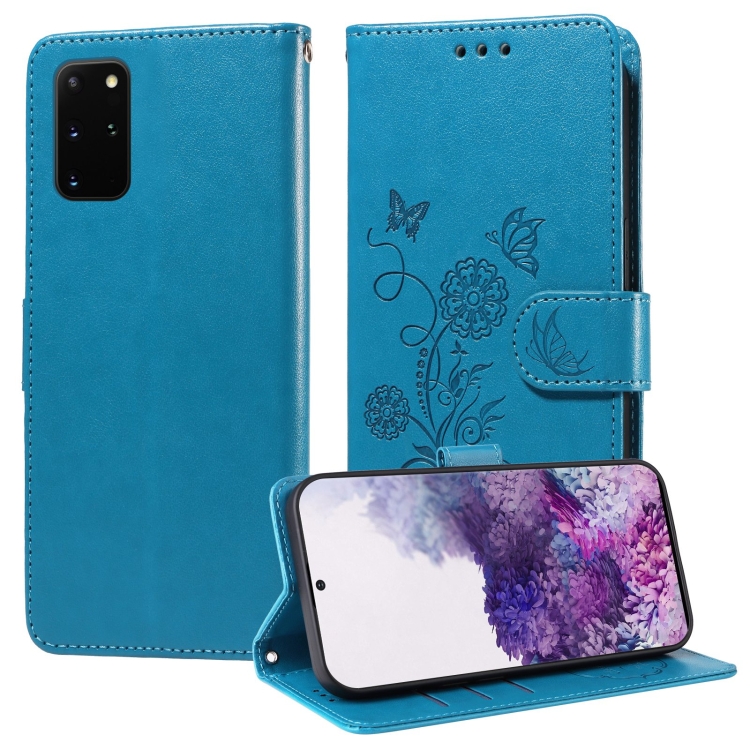 

For Samsung Galaxy S20+ Embossed Butterfly Flowers Leather Phone Case(Blue)