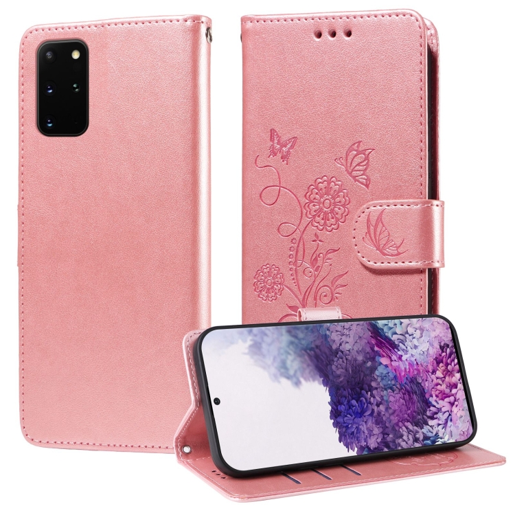 

For Samsung Galaxy S20+ Embossed Butterfly Flowers Leather Phone Case(Rose Gold)