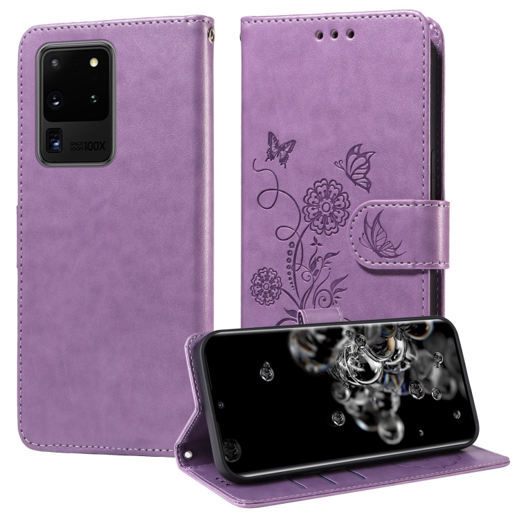 

For Samsung Galaxy S20 Ultra Embossed Butterfly Flowers Leather Phone Case(Purple)