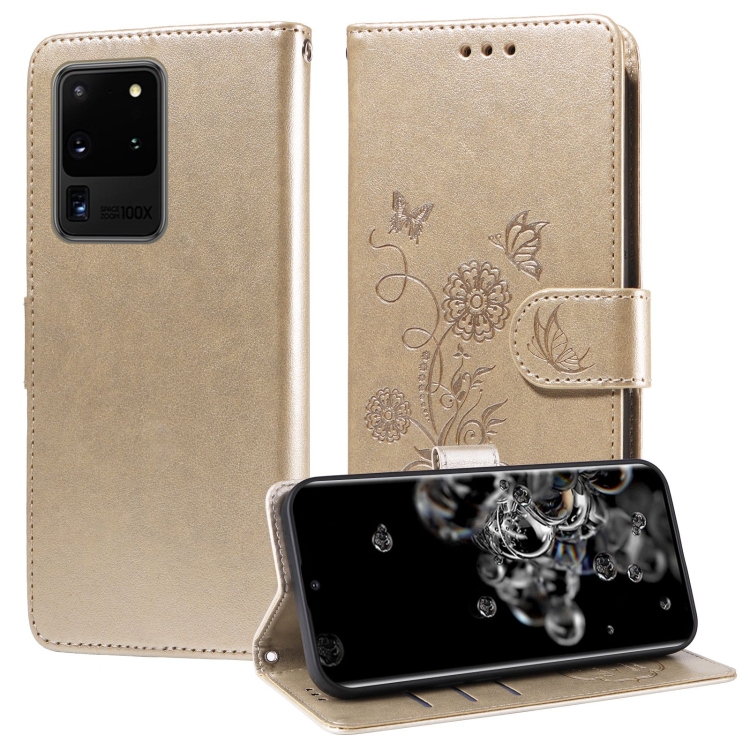 

For Samsung Galaxy S20 Ultra Embossed Butterfly Flowers Leather Phone Case(Gold)
