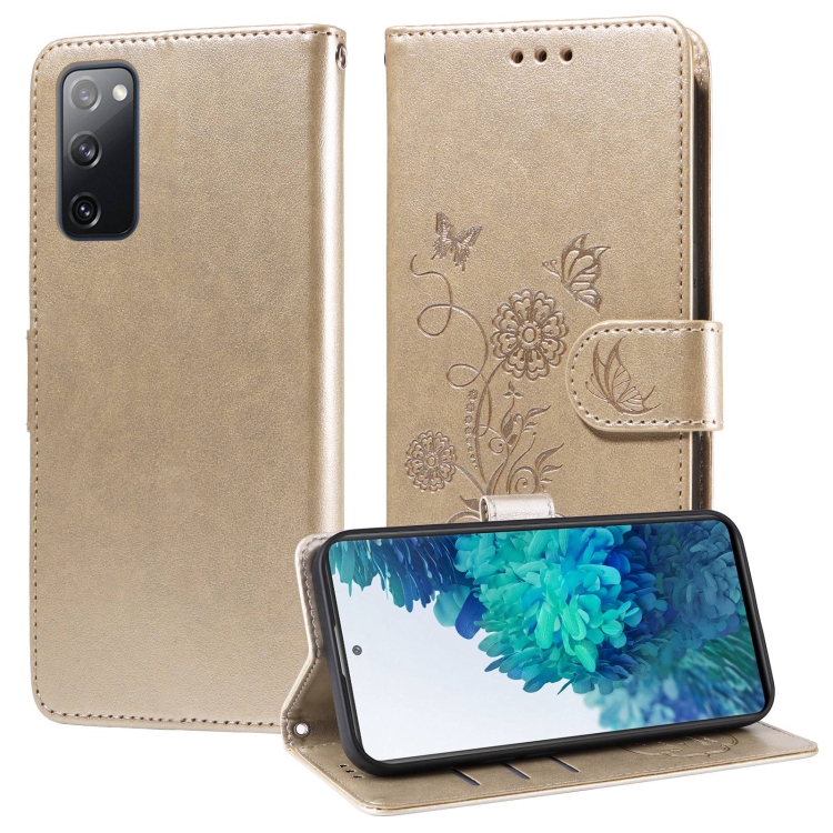 

For Samsung Galaxy S20 FE Embossed Butterfly Flowers Leather Phone Case(Gold)