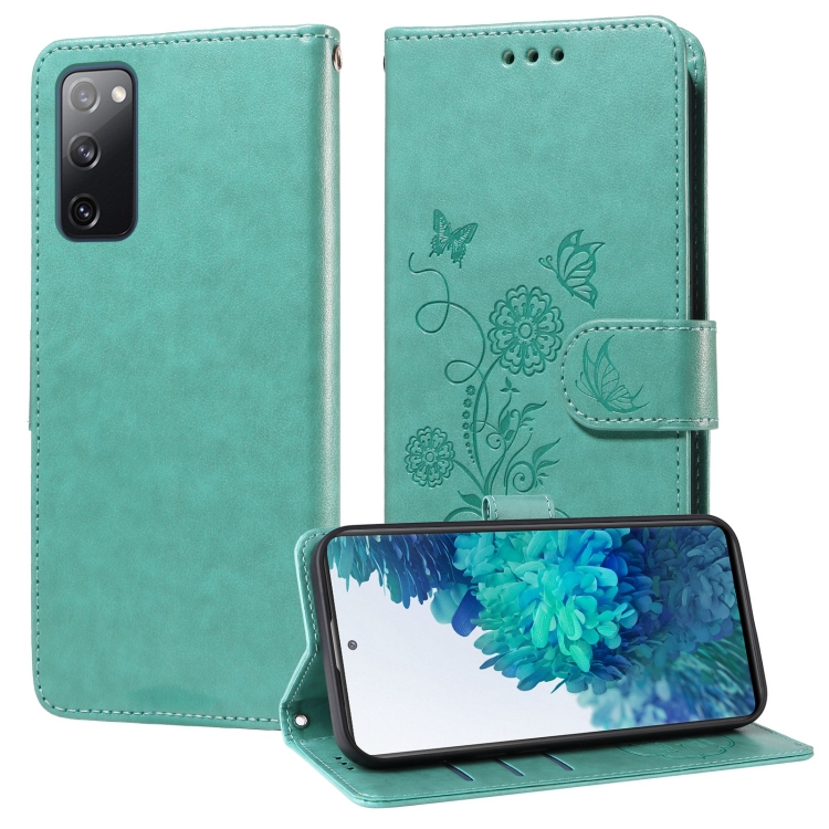 

For Samsung Galaxy S20 FE Embossed Butterfly Flowers Leather Phone Case(Green)
