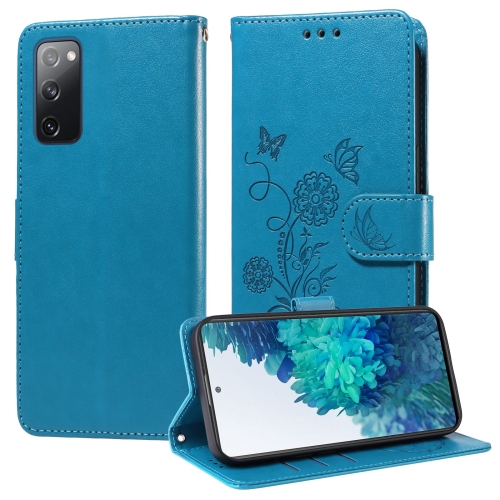 

For Samsung Galaxy S20 FE Embossed Butterfly Flowers Leather Phone Case(Blue)