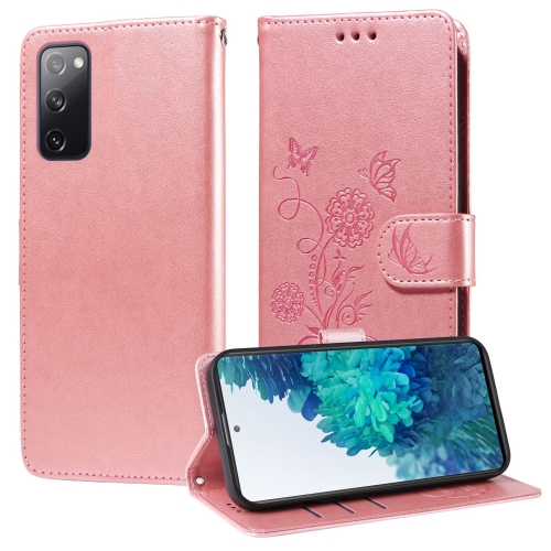 

For Samsung Galaxy S20 FE Embossed Butterfly Flowers Leather Phone Case(Rose Gold)