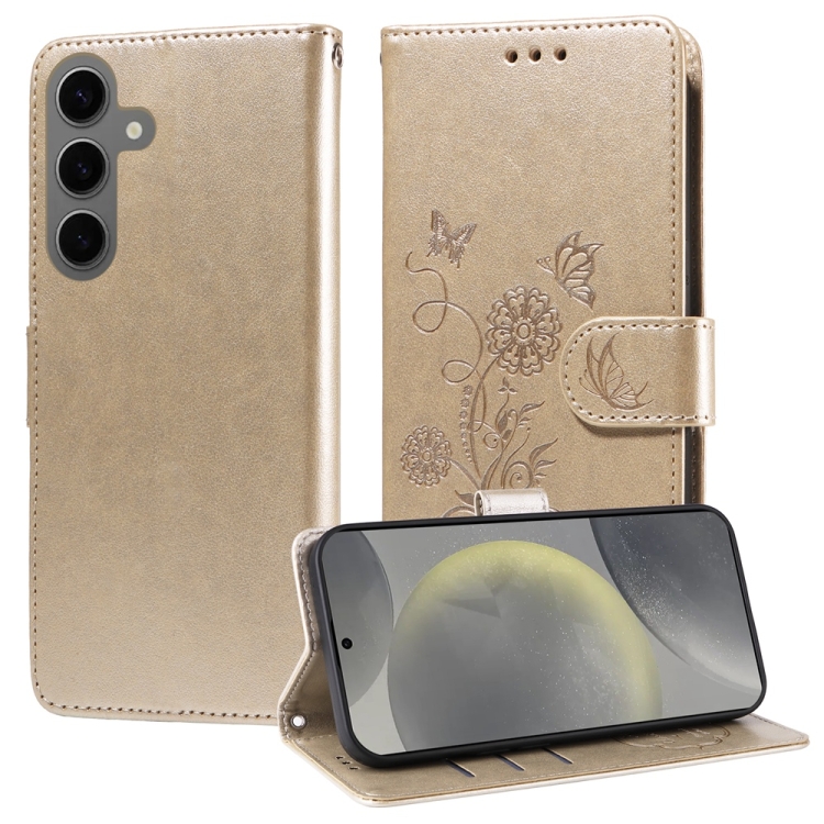 

For Samsung Galaxy S25 5G Embossed Butterfly Flowers Leather Phone Case(Gold)