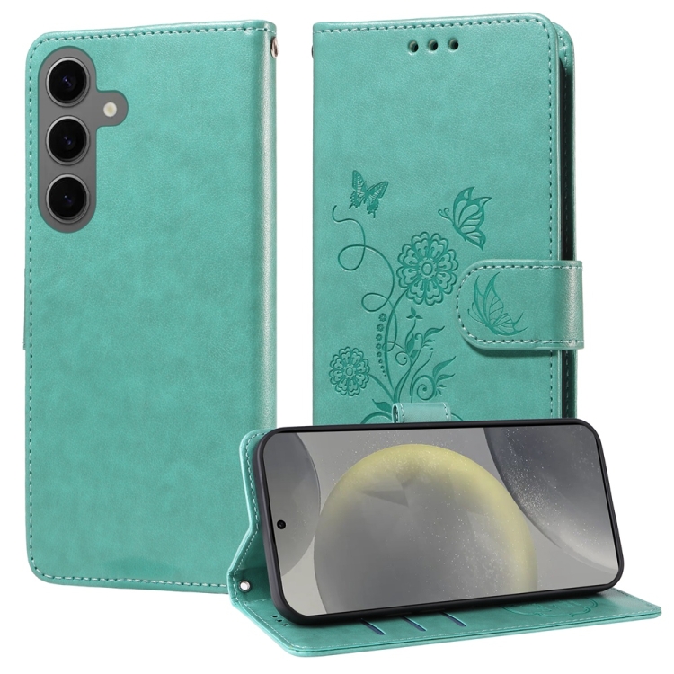 

For Samsung Galaxy S25 5G Embossed Butterfly Flowers Leather Phone Case(Green)