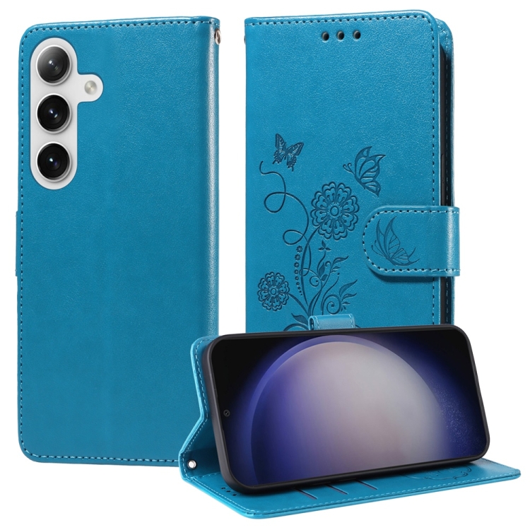 

For Samsung Galaxy S25+ 5G Embossed Butterfly Flowers Leather Phone Case(Blue)