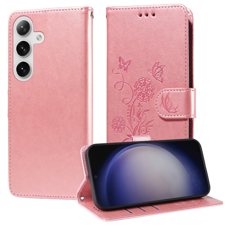 

For Samsung Galaxy S25+ 5G Embossed Butterfly Flowers Leather Phone Case(Rose Gold)