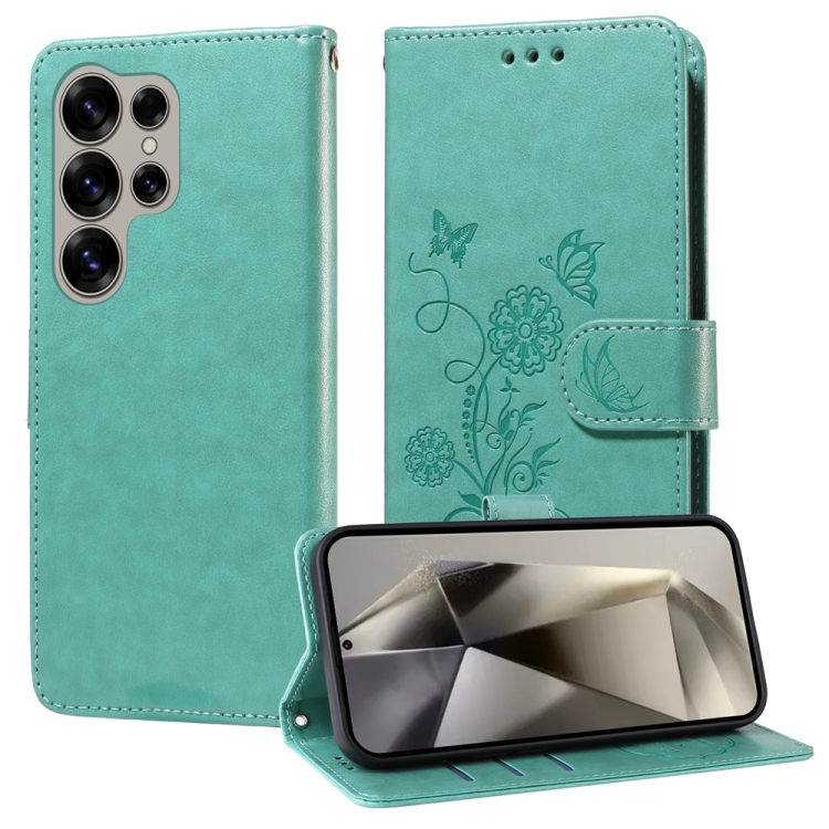 

For Samsung Galaxy S25 Ultra 5G Embossed Butterfly Flowers Leather Phone Case(Green)