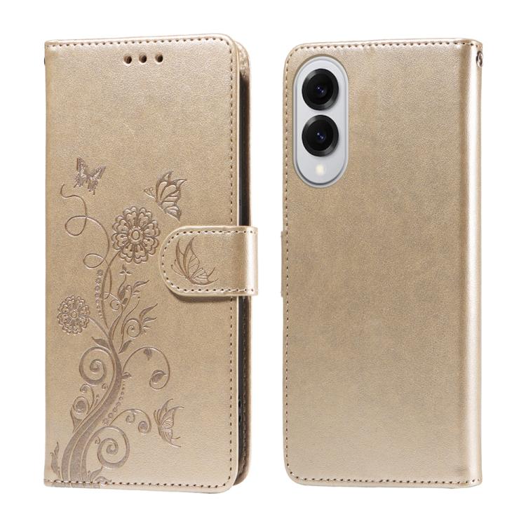 

For Samsung Galaxy S25 Edge 5G Embossed Butterfly Flowers Leather Phone Case(Gold)