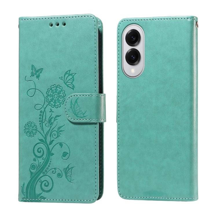 

For Samsung Galaxy S25 Edge 5G Embossed Butterfly Flowers Leather Phone Case(Green)