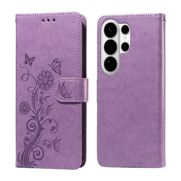 

For Samsung Galaxy S26 Ultra 5G Embossed Butterfly Flowers Leather Phone Case(Purple)