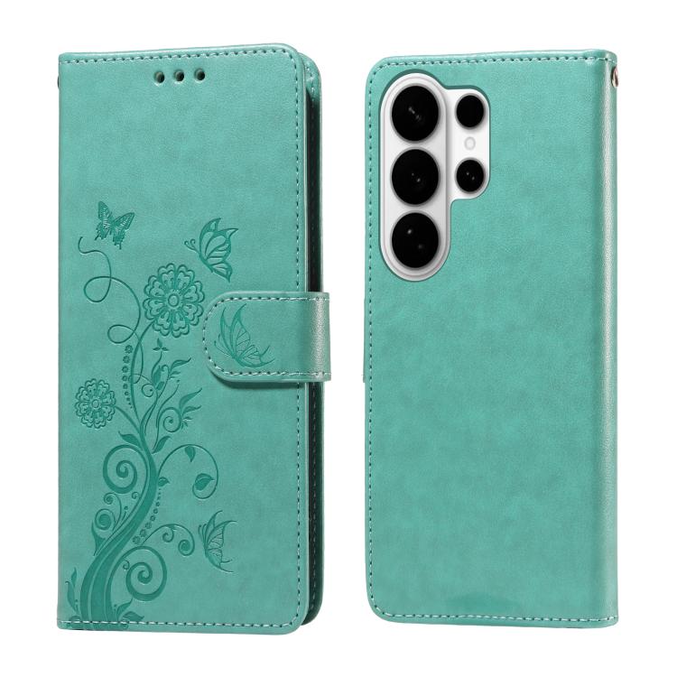 

For Samsung Galaxy S26 Ultra 5G Embossed Butterfly Flowers Leather Phone Case(Green)