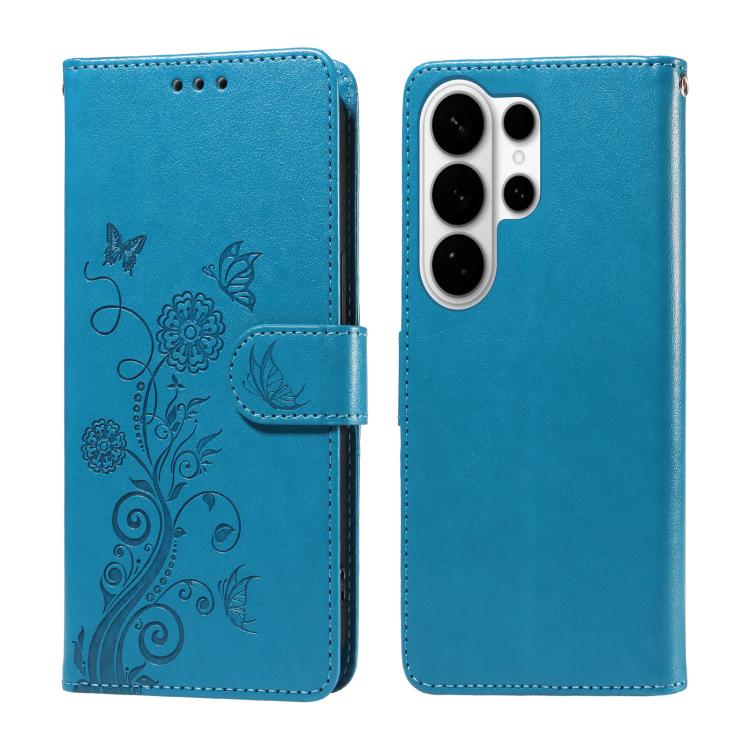 

For Samsung Galaxy S26 Ultra 5G Embossed Butterfly Flowers Leather Phone Case(Blue)